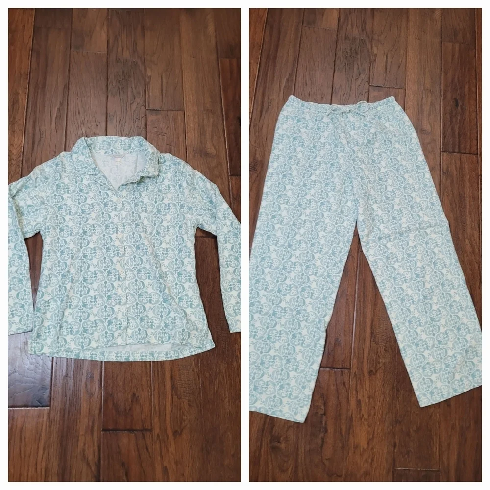 Garnet Hill Organic Cotton Flannel Greenish Blue & Creamy White Pajamas size XS